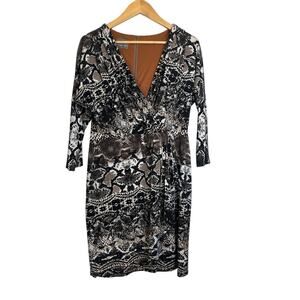 Muse Women's Back Zip Faux Wrap Animal Print Lined Mini Dress Sz 12 Black Brown